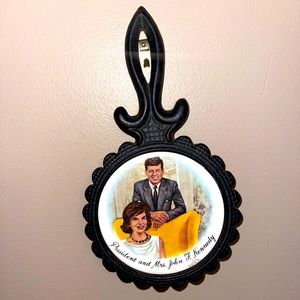 Vintage President and Mrs. John F. Kennedy Cast Iron & Porcelain Trivet 8" Long